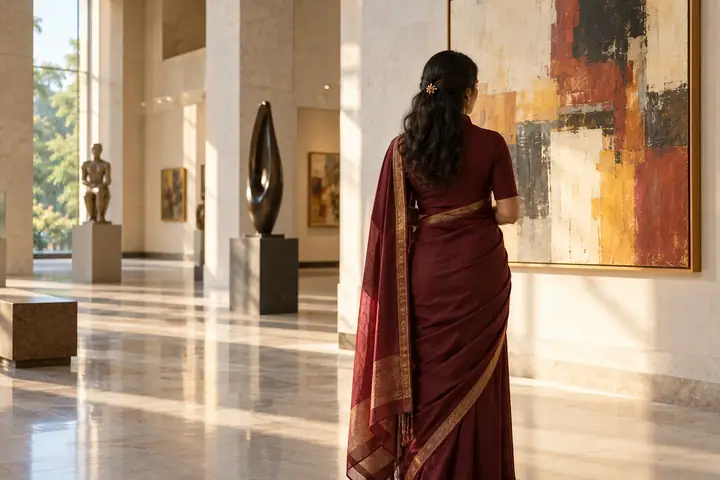 AI-generated adult woman in a burgundy sari viewed from behind in a Nagpur-inspired public gallery, face not visible