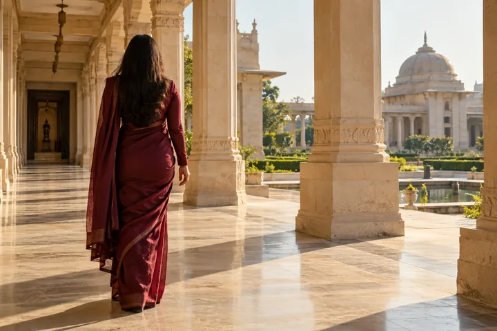 AI illustration: fictional adult woman seen from behind, face not visible. A Nagpur-inspired cultural courtyard.